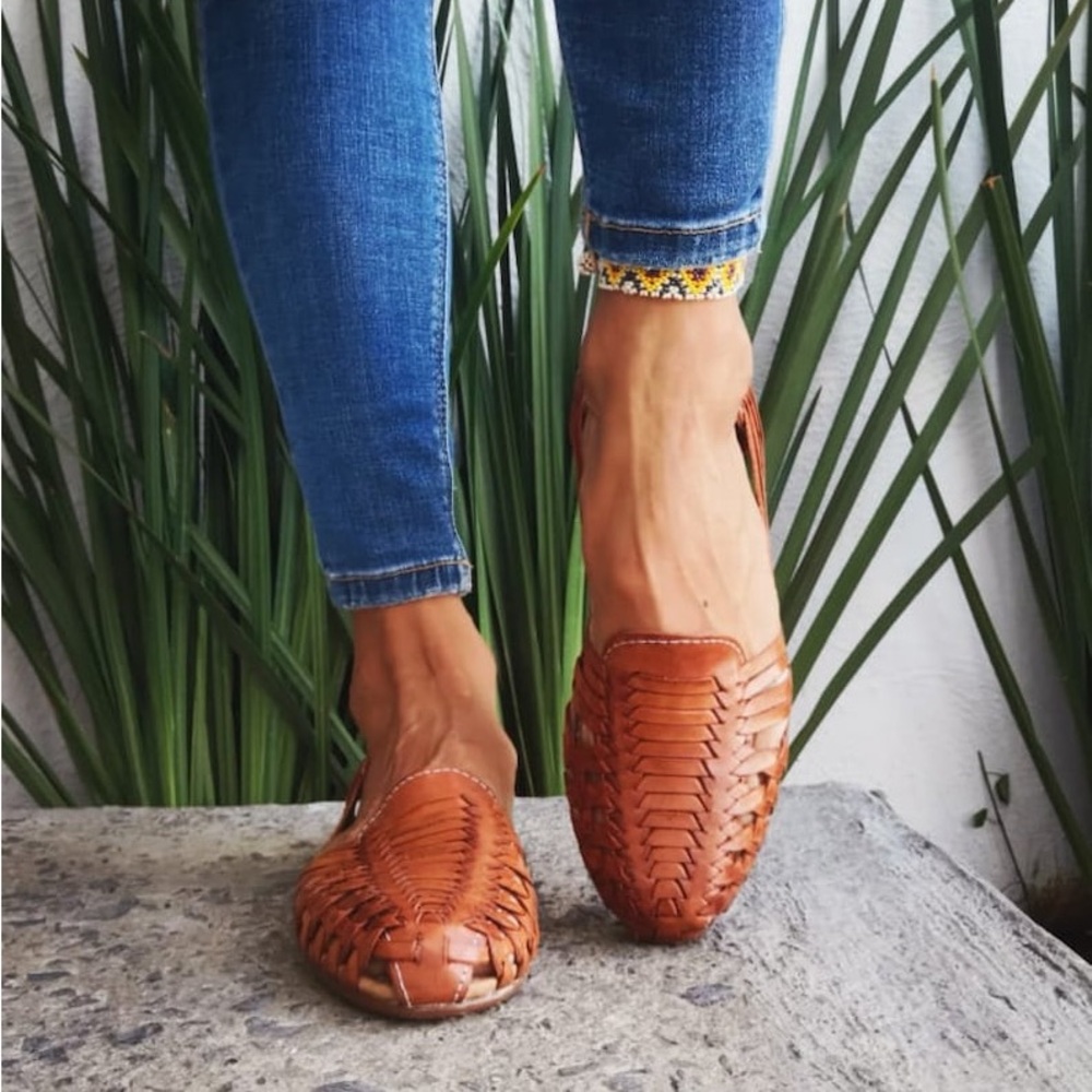 Macarena Collection Handmade Women’s Cognac Leather Huaraches Shoes - Size 9-9.5